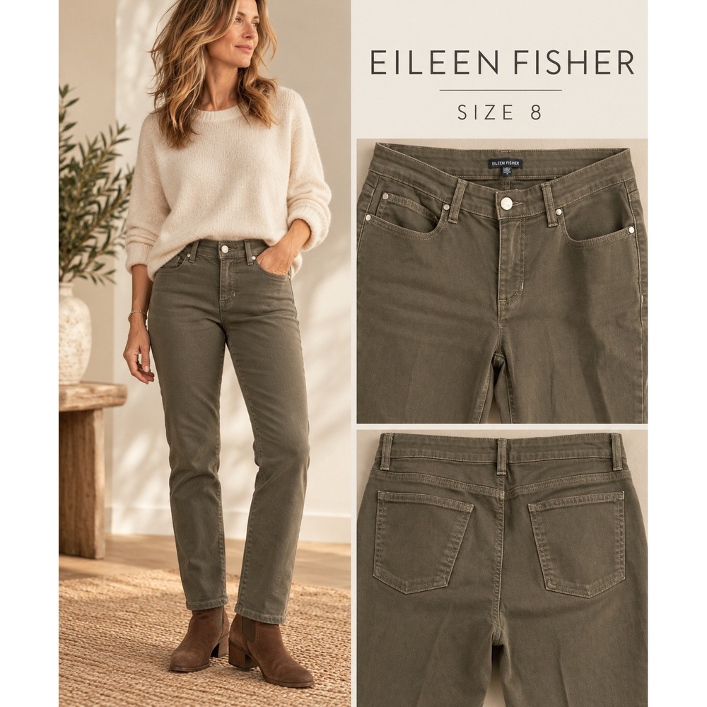 Eileen Fisher Olive Green Organic Cotton Stretch Straight Leg Pants Size 8